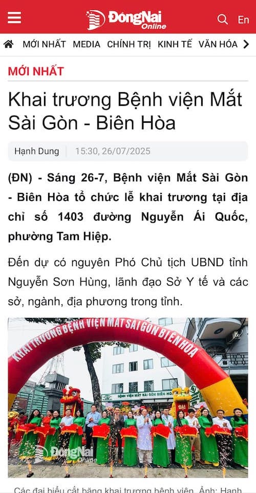 Báo Đồng Nai: Khai trương bệnh viện Mắt Sài Gòn Biên Hoà