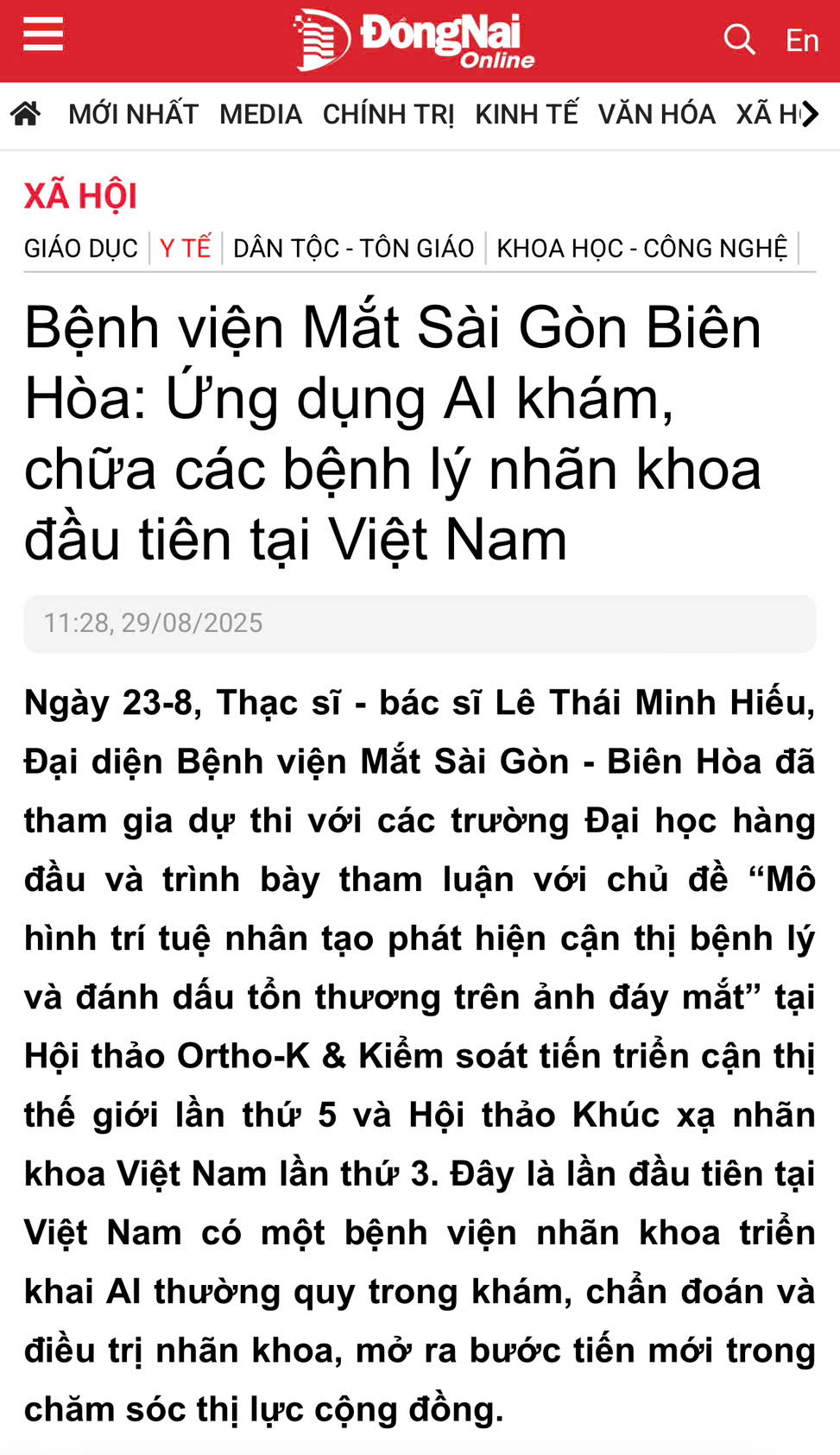 Báo Đồng Nai: Bệnh viện Mắt Sài Gòn Biên Hòa ứng dụng AI khám chữa các bệnh lý nhãn khoa đầu tiên tại Việt Nam